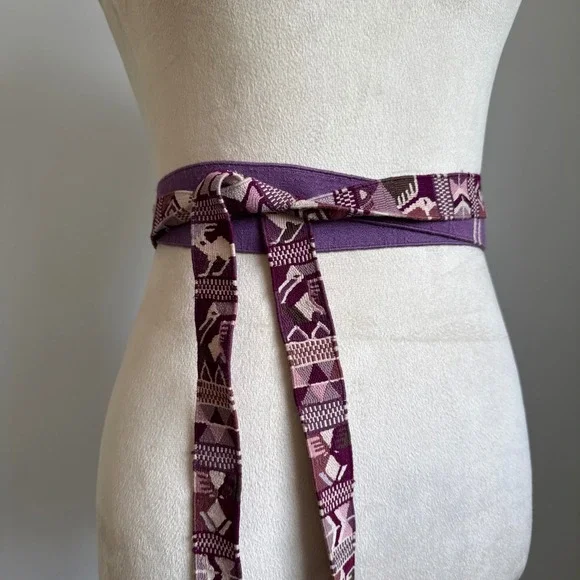 Woven‎ Fabric Belt Sash Aztec Geometric Purple Boho Hippie Pom Pom Tie Belt - Picture 7 of 9